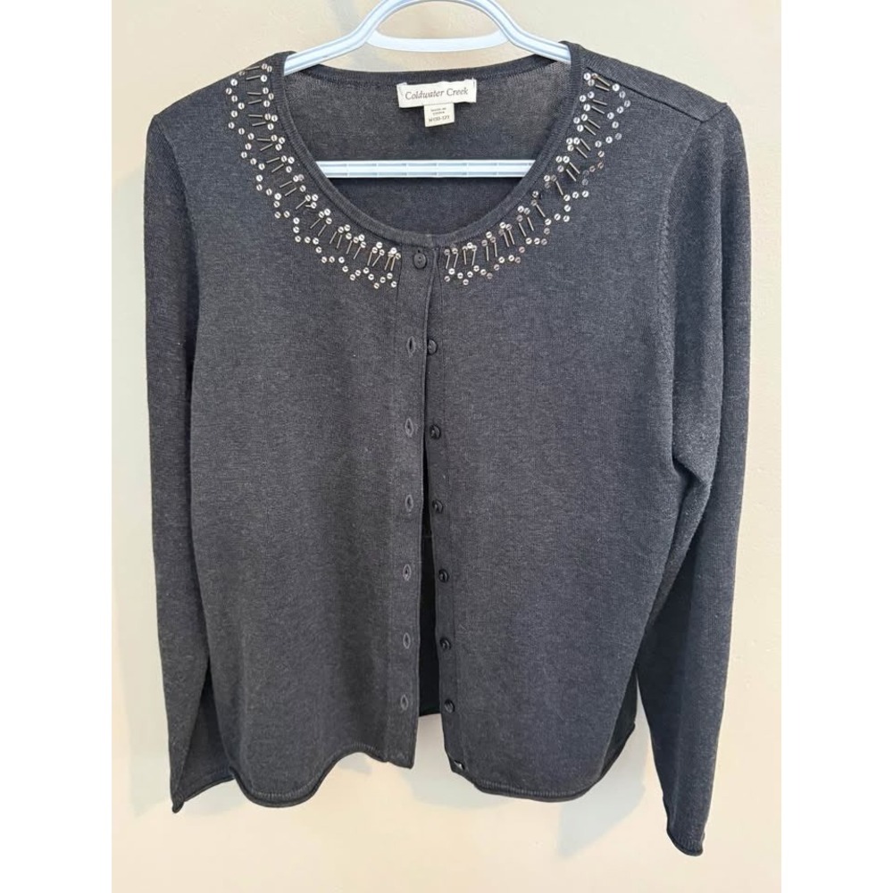 Coldwater Creek Cardigan Sweater Embellished Neckline Gray Silk Blend M